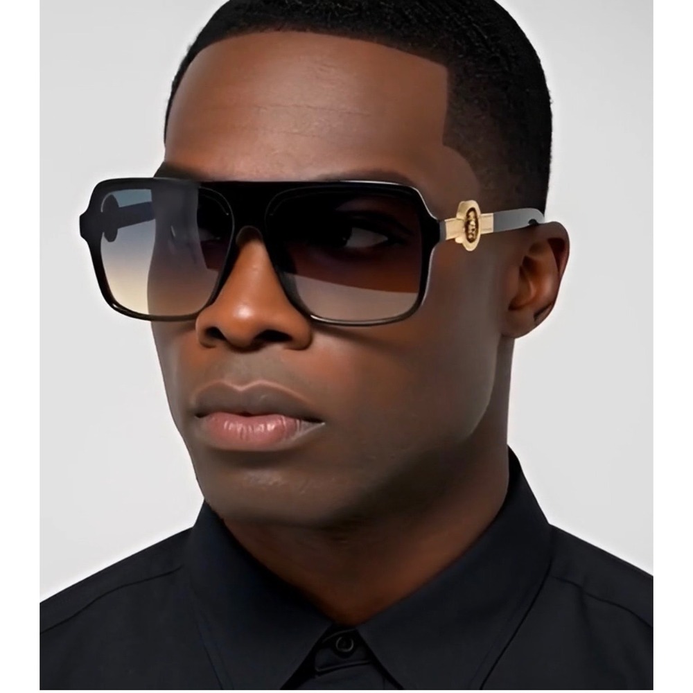 Mens Oversized Square Flat Top Sunglasses Black Gold Lion Head Gradient Green‎